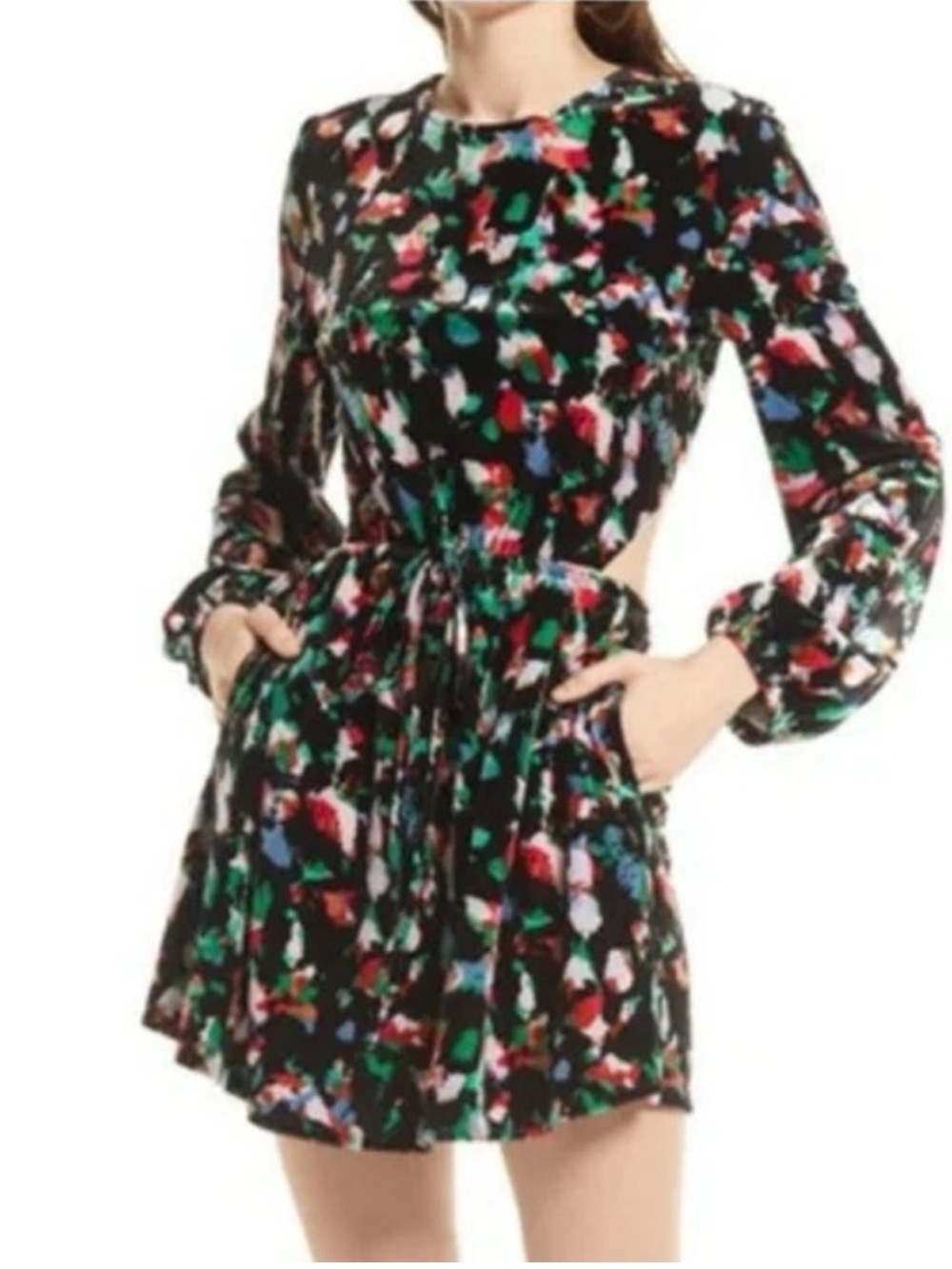 Black Multi-Color Long Sleeve Floral-Print Elastic Waist Dress